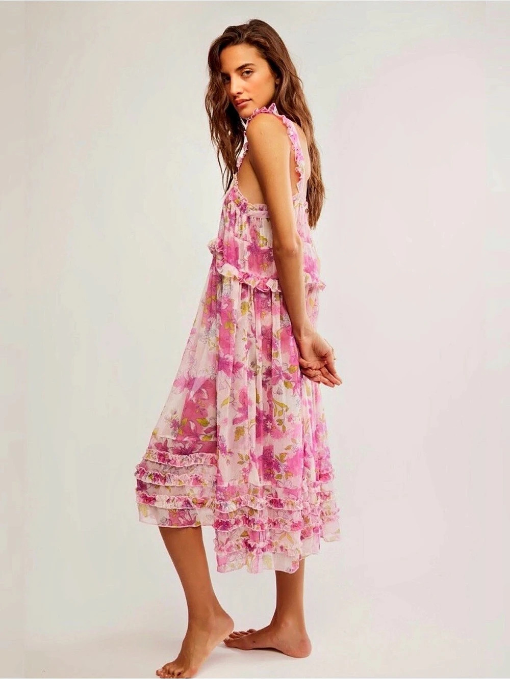 Free People Intimately Moon Phase Midi Dress Nightgown Pink & White Sz M NWT